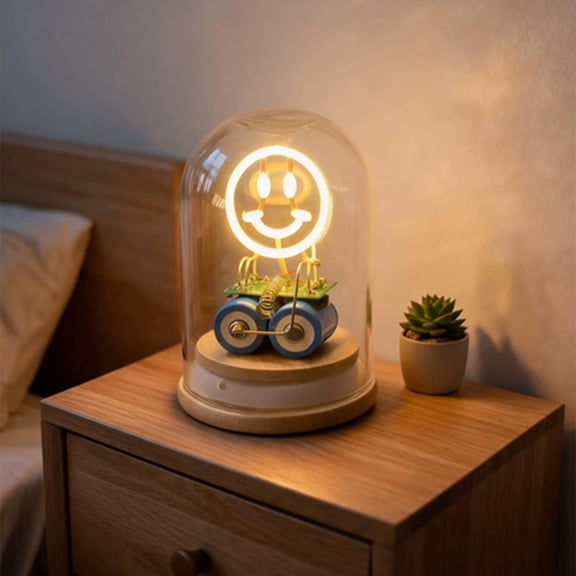 DIY Touch Control Night Light Kit, Warm Yellow LED Smiley Face Soldering Practice Lamp with Glass Dome & Wood Base, Retro Desk Display Ambient Light for Home and Office Decor