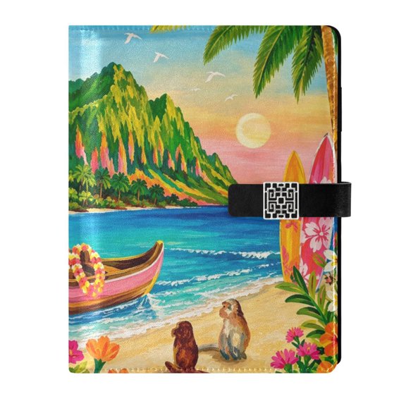 DIY Tropical Beach Art Printed Microfiber Leather Notebook 9.2x6.7" Refillable Binder Journal with Pen Loop&Pockets 100 Sheets