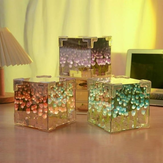 DIY Tulip Cube Mirror Lamp,DIY Tulip Night Light,Handmade DIY Tulip Flower Magic Cube Mirror Night Light,Creative Gift for Girls, Friends(Purple,21 Flowers Tulip Lamp with gift bag)
