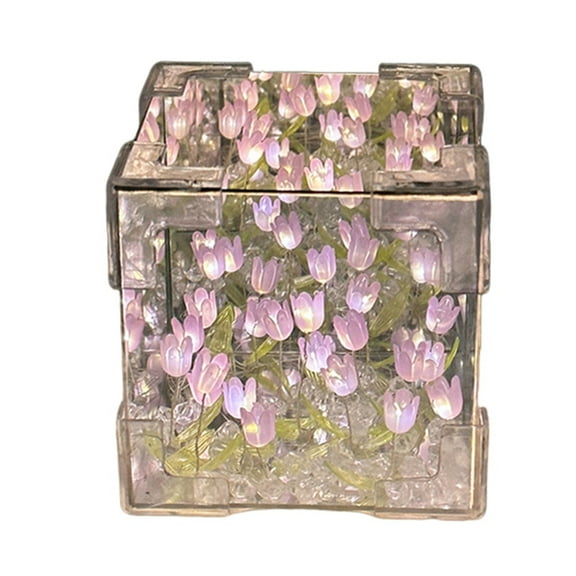 DIY Tulip Mirror Cube Lamp Simulation Flower Bedroom Sleeping Table Handmade Tulip Small Night Light Gift Purpler