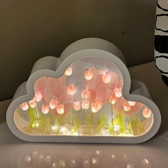 DIY Tulip Night Light, Cloud Tulip Mirror Night Light, Simulation Flower Bedroom Sleeping Table Lamp, Home Mirror Decoration, Room Decor for Teen Girls, Night Light for Bedroom