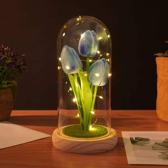 DIY Tulip Night Light Handmade Flower Lamp with Glass Dome and Wooden Base, Romantic Ambient Table Lamp for Bedroom Nursery Living Room Girls Gifts Anniversary Birthday Home Decor