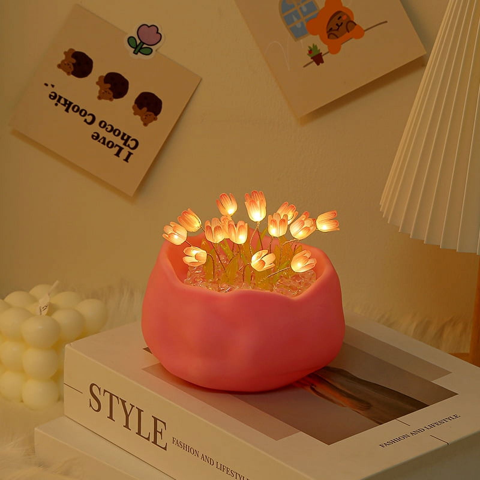 gvtocld Tulip Night Light Battery Operated Tulip Flower Table Lamp Cute DIY Tulip LED Nightlight Handmade Bedside Sleep Light Simulation Flower Furniture