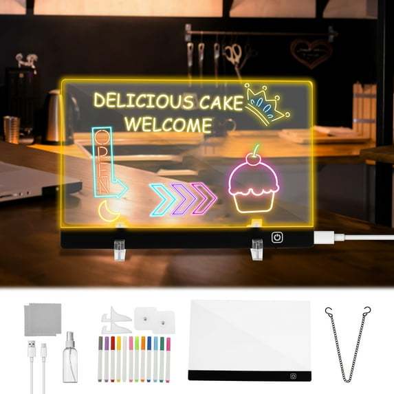 Xiyztok Transparent LED Acrylic Dry Erase Board for Desktop Decorative Erasable Acrylic Note Memo Board With Stand for Home Office