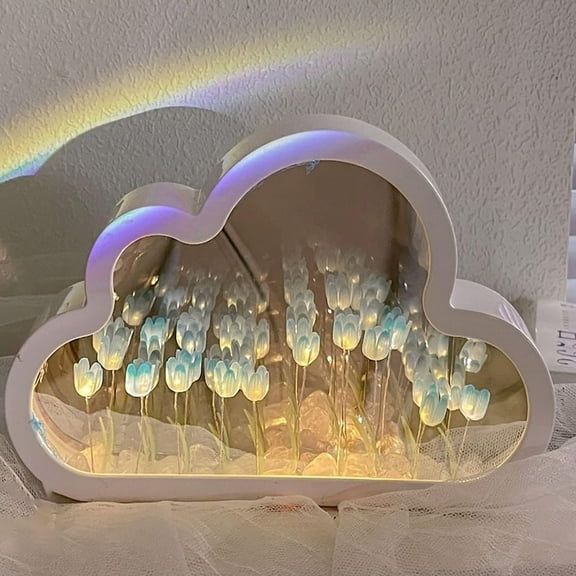 DIY Tulip Night Light, Trianu Cloud Tulip Mirror Night Light, Simulation Flower Bedroom Sleeping Table Lamp, Home Mirror Decoration, Room Decor for Teen Girls, Blue