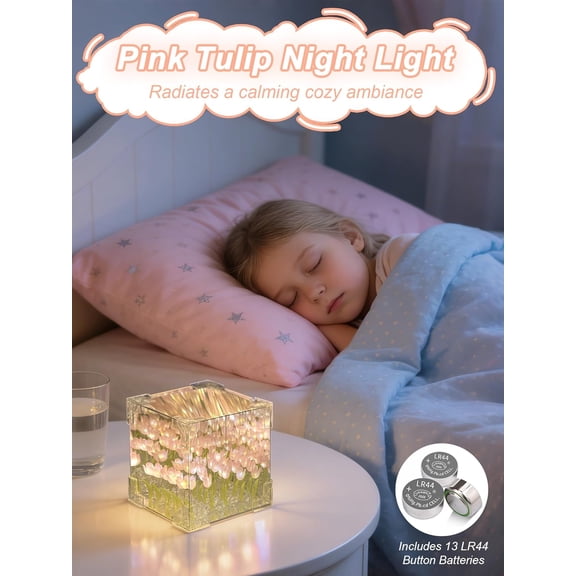 DIY Tulips Cube Mirror Lamp,Finished Tulip Night Light,Handmade Tulip Flower Magic Lights,Bedroom Living Room Desktop Decor for Mom,Girl,Couple,Friend Birthday Gift(Includes 13 LR44 Button Batteries)