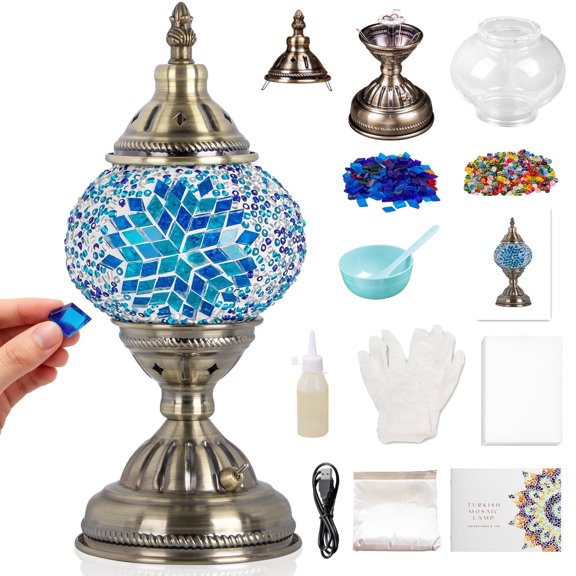 DIY Turkish Mosaic Lamp Kit,Table Lamp Making Kit,Easy No Skills Craft for Family Team,Decorative Table Desk Light Crfat Kit for Living Room Bedroom, Make Your Own Table Lamp,Gifts,Blue