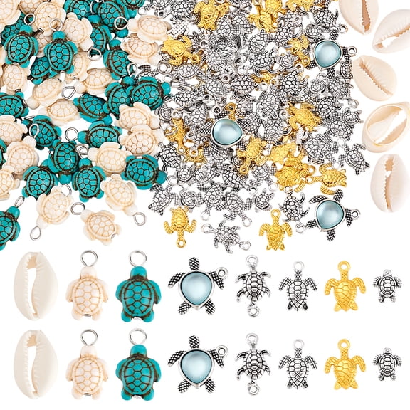 DIY Turtle Findings Kits include Tibetan Style Alloy Spacer Beads Dyed Turquoise Pendants Natural Cowrie Shell Beads Silver 9-22.5x10-20mm