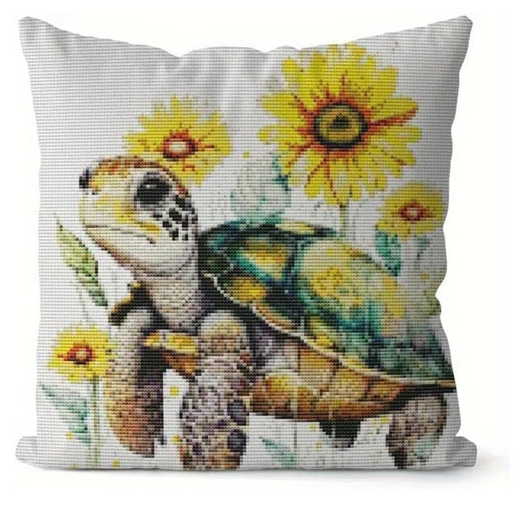 DIY Turtle & Sunflower Embroidery Kit - 11ct Canvas Pillow With Rose Design,Handmade Needlework Cross Stitch For Home Sofa Decor,17x17in