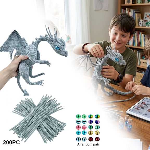 DIY Twisting Stick Dinosaur Craft Kit for Kids with Fuzzy Stems and Materials for Creative Handmade Projects Grey