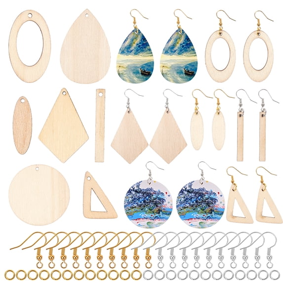 DIY Unfinished Wood Earring Makings Kits Including Mixed Shapes Pendants Brass Earring Hooks and Jump Rings Mixed Color Penadnts: 70pcs/box