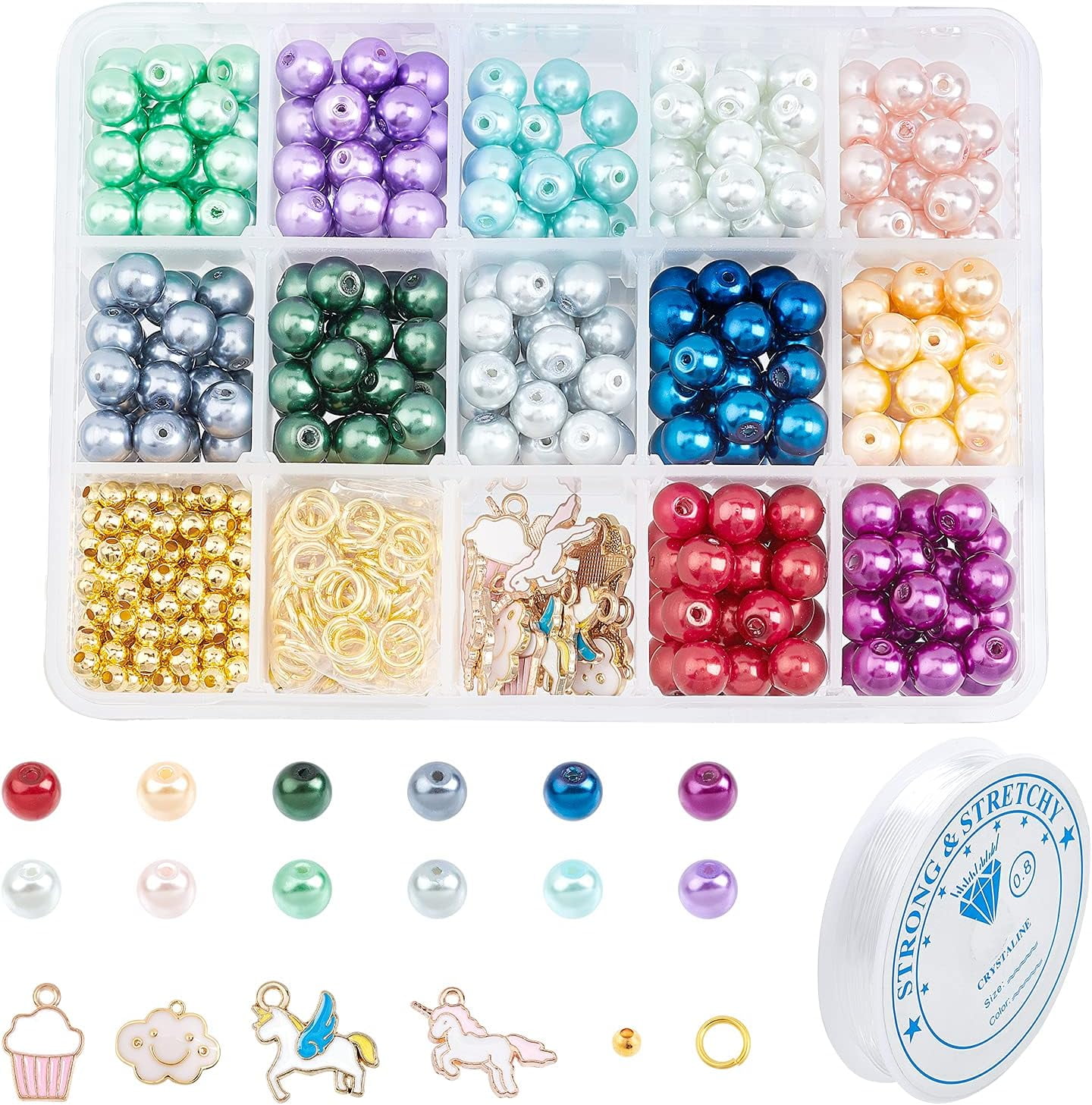 DIY Unicorn Bracelet Making Kits 360pcs 12 Colors Glass Pearl Beads & Unicorn Cake Cloud Charms Pendants & 400pcs Spacer Beads & 100pcs Jump Rings & Thread for Handmade Beginner