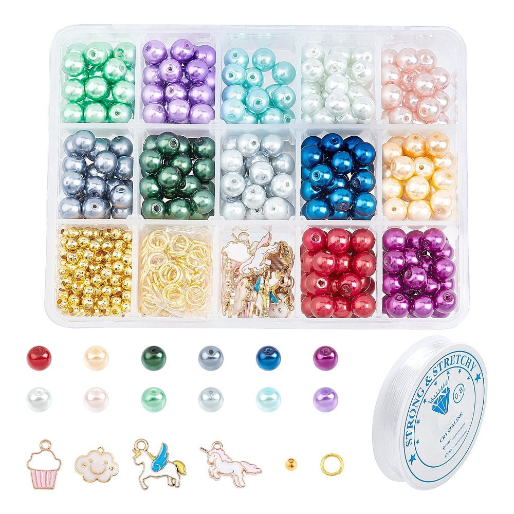 DIY Unicorn Bracelet Making Kits 360pcs 12 Colors Glass Pearl Beads & Unicorn Cake Cloud Charms Pendants & 400pcs Spacer Beads & 100pcs Jump Rings