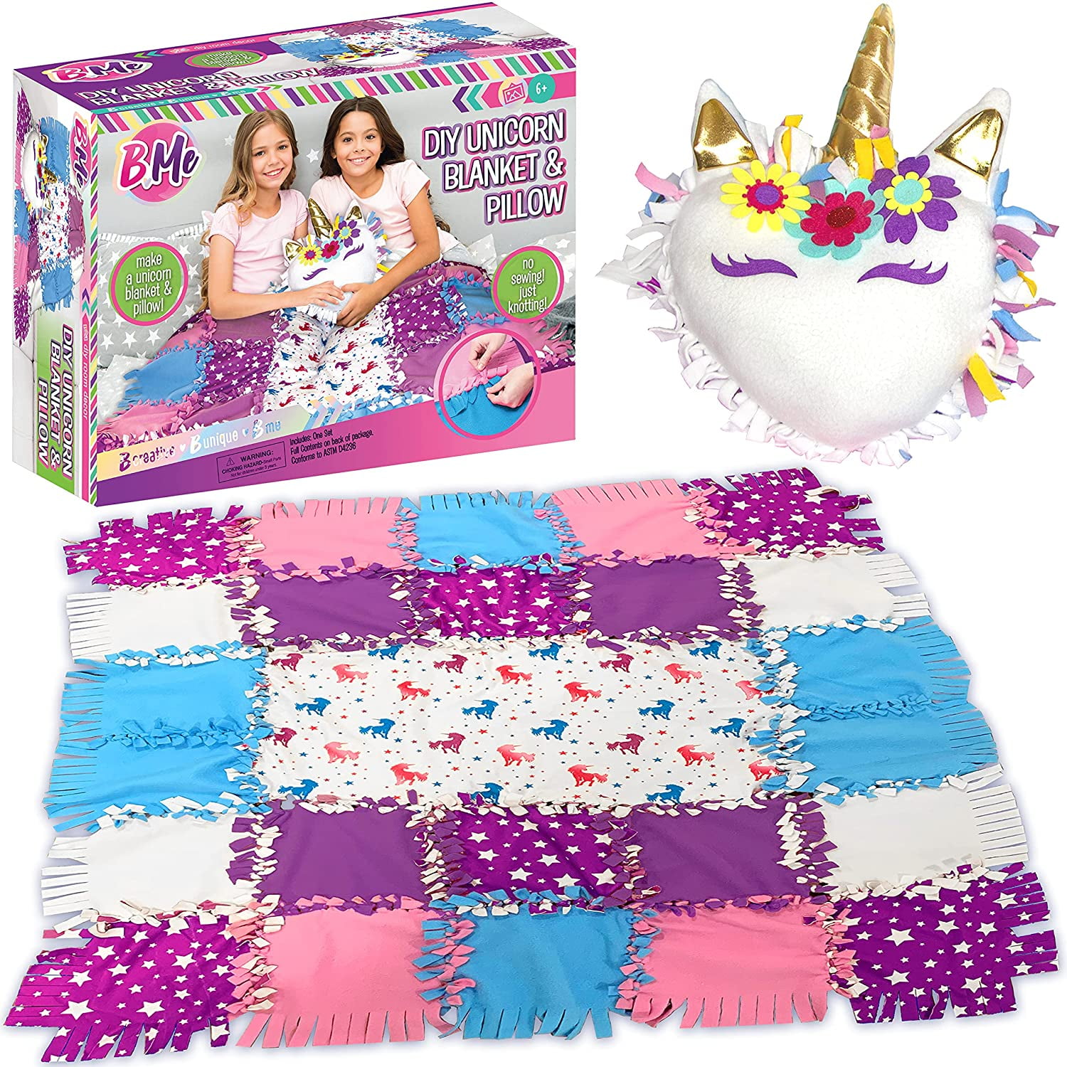DIY 2-in-1 Unicorn Knot No Sew Blanket Pillow, Craft for Girls, Make Your Own, Plush Fleece Blankets and Pillows Quilt Set for Kids, Birthday Activity