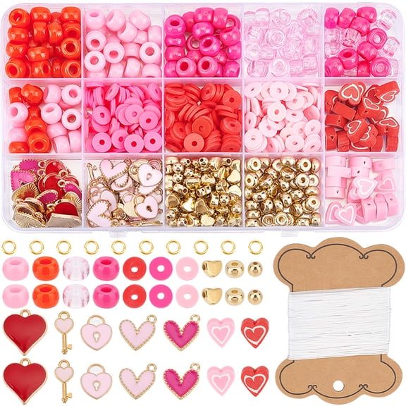DIY Valentine's Day Bracelet Making Kit Polymer Clay Disc & Plastic Abacus Beads Heart & Lock & Key Alloy Enamel Pendant Pink 720Pcs/box DIY