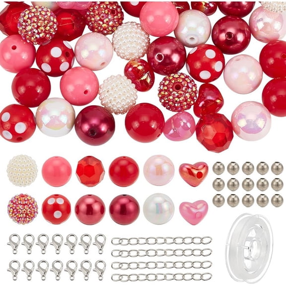 DIY Valentine's Day Jewelry Set Making Kit Including Acrylic Heart & ABS Plastic Imitation Pearl Beads Aluminum Wire Elastic Thread Alloy Clasps Iron Ends Chains & Beads Red
