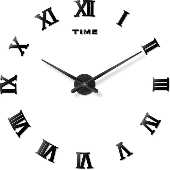 DIY Wall Clock Large Frameless 3D Clock Mirror Effect Classical Roman Numerals Wall Sticker Metal Hands Silent Quartz Movement Decor for Living Room Bedroom Office, Black