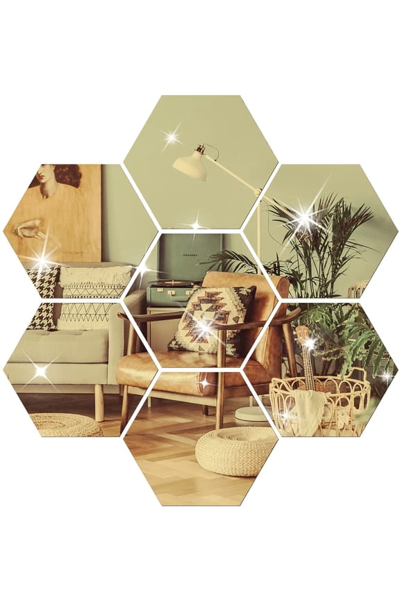 DIY Wall Decals Acrylic Mirror Sticker Set 12 Pcs, Hexagon Mirror Wall Stickers for Living Room Bedroom Decor (Gold)