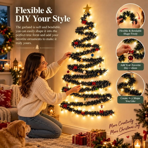 DIY Wall Mounted Christmas Tree Garland, Flat Christmas Tree with Lights for Wall Decor, Indoor Home Wall Hanging Decoration