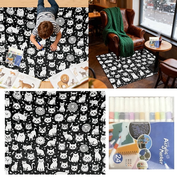 DIY Washable Coloring Blanket, Color Your Own Throw with 24 Acrylic Markers, Cozy Art Project for Home, Birthday & Holiday Gifts, Reusable Creative Blanket for Kids & Adults