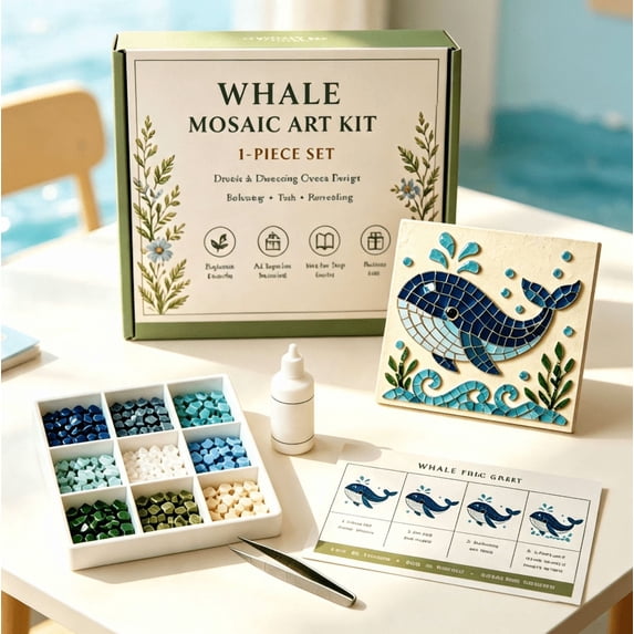 DIY Whale Glass Mosaic Making Kit, Under the Sea Themed Craft Project, Educational Art Activity for Boys & Girls