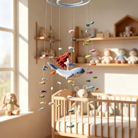 DIY Wind Chime Kit, Handmade Hanging Decoration with Girl Riding Whale, Colorful Fish Beads Bells for Room Nursery Decor, Ocean Themed Craft (12-16in)