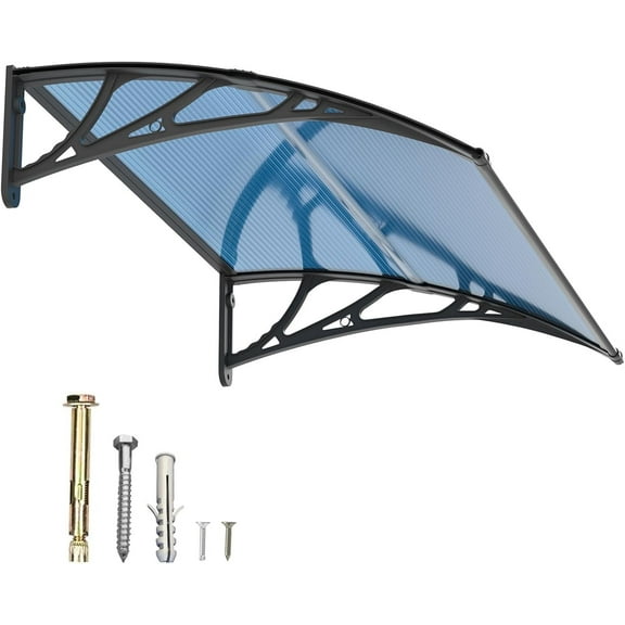 Guansu DIY Window Door Awning Blue Polycarbonate Hollow Sheet, Aluminum Frame (Black Bracket), Light Snow Load
