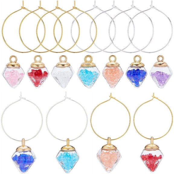 DIY Wine Glass Charm Jewerly Kit Including 28Pcs 7 Colors Diamond Alloy Glass Pendants 30Pcs Brass Wine Glass Charm Rings Mixed Color 21.5x15.5x14.5mm Hole: 2.6mm