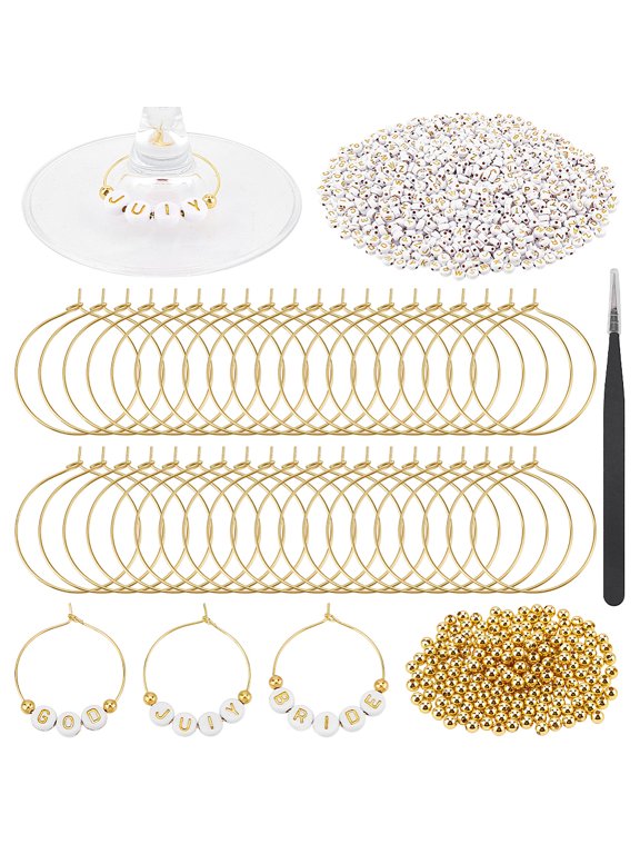 DIY Wine Glass Charm Making Kits including Stainless Steel Elbow Tweezers Brass Wine Glass Charms Findings Acrylic Brass Beads
