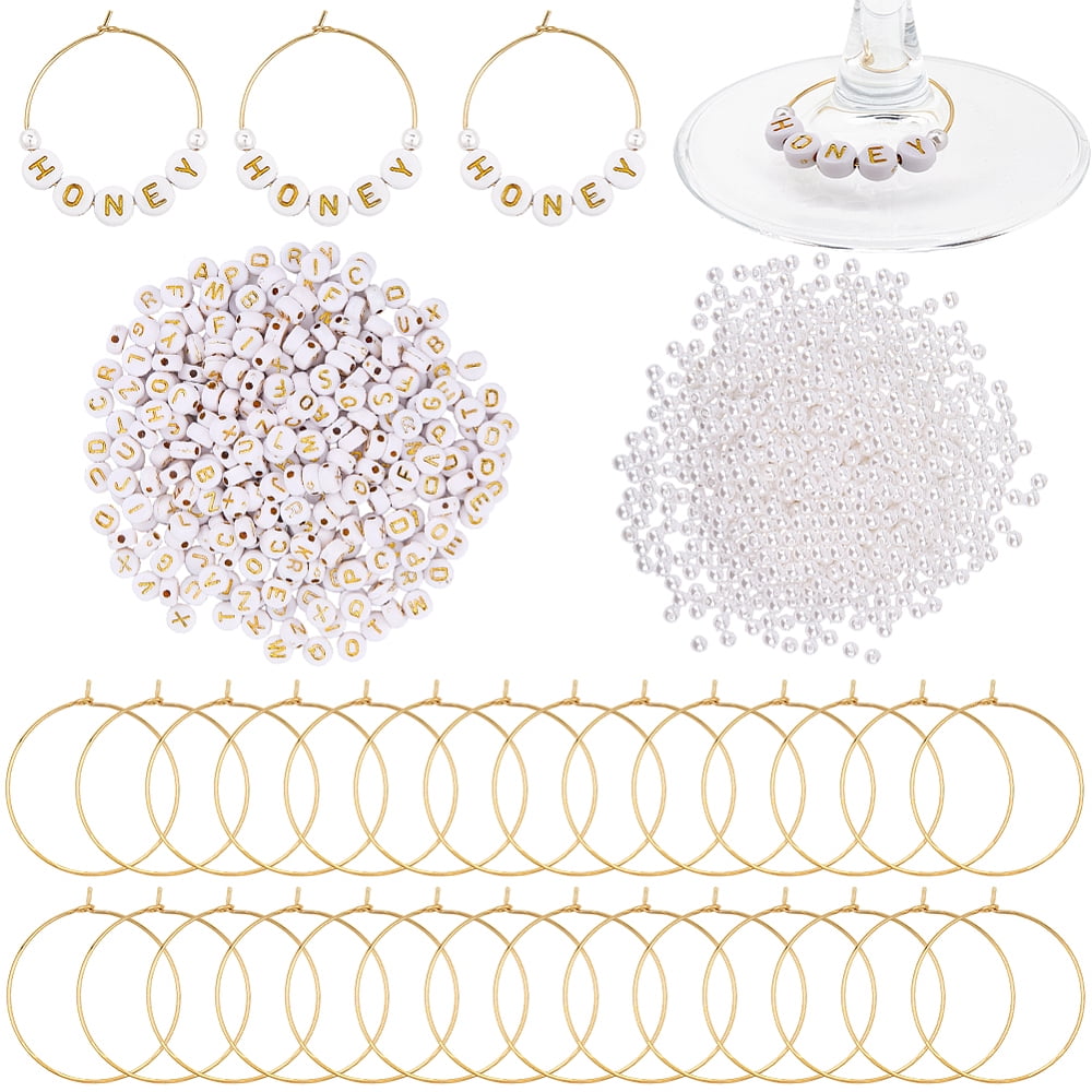DIY Wine Glass Charms Making Kits Include Plating Acrylic Beads Plastic Imitation Pearl Beads Brass Hoop Earrings Flat Round with Letter & Round