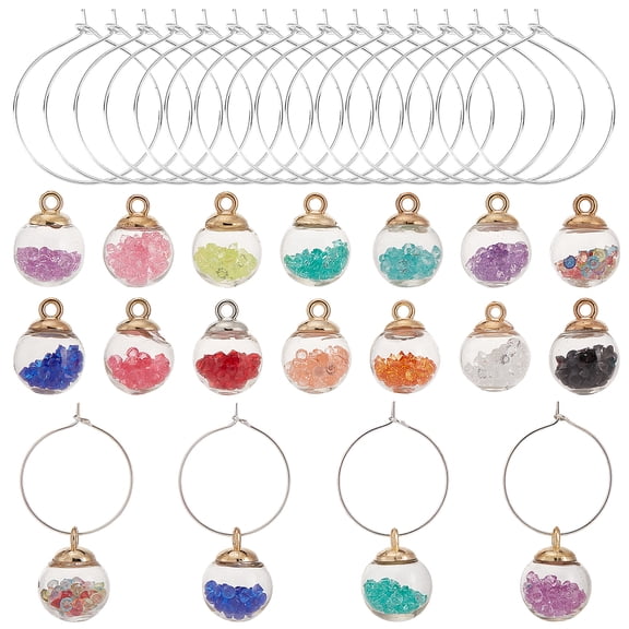 DIY Wine Glass Charms Making Kits include 14Pcs 14 Colors Resin Rhinestone inside Glass Globe Pendants and 20Pcs Brass Wine Rings Silver