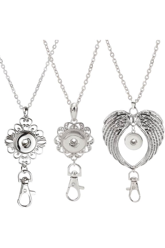 DIY Wing & Heart & Flower Snap Button Office Lanyard Making Kit Including Alloy Snap Pendant Making 3Pcs 304 Stainless Steel Cable Chains Necklaces with Clasps Platinum & Stainless Steel Color 749mm