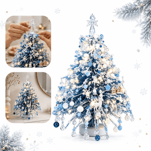 DIY Winter Christmas Tree Kit, Blue White Lighted Mini Tabletop Tree with Snowflake Ornaments, Holiday Craft Decor