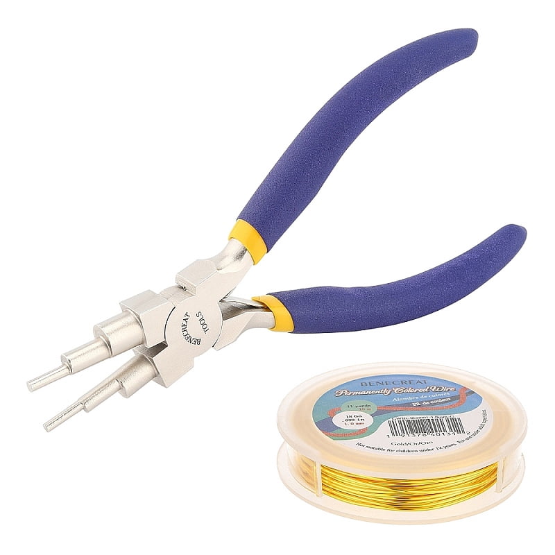 DIY Wire Wrapped Jewelry Making Kits Including Copper Wire and Carbon Steel Round Nose Pliers Golden 18 Gauge 1mm about 10m/roll 1roll/set