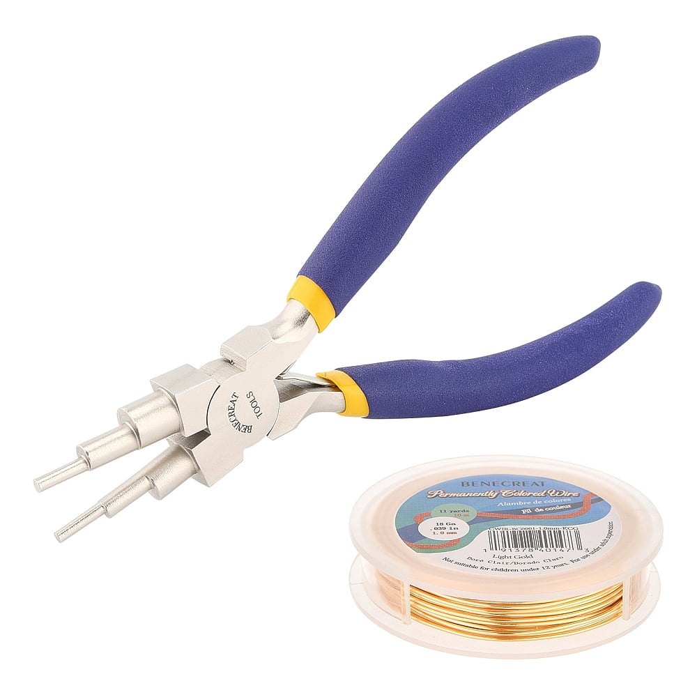 DIY Wire Wrapped Jewelry Making Kits Including Copper Wire and Carbon Steel Round Nose Pliers Light Gold 18 Gauge 1mm about 10m/roll 1roll/set