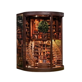Ygakrkreit 3D Wooden Vintage Library Book Nook, Lighted Mini Study Diorama Table Shelf Decor Gift