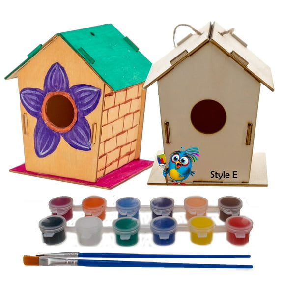 DIY Wood Birdhouse Kit - Easy To Paint & Build Your Own Homemade Bird House - Arts and Crafts for Kids - Includes Paints and Brushes