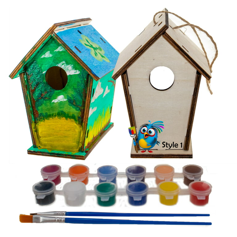 DIY Wood Birdhouse Kit - Easy To Paint & Build Your Own Homemade Bird House  - Arts and Crafts for Kids - Includes Paints and Brushes 