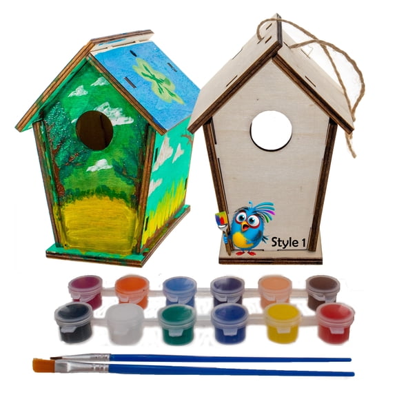 DIY Wood Birdhouse Kit - Easy To Paint & Build Your Own Homemade Bird House - Arts and Crafts for Kids - Includes Paints and Brushes
