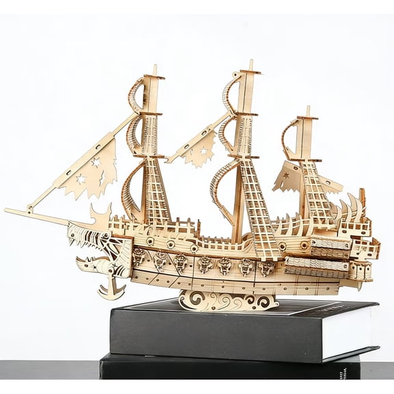 DIY Wooden 3D Puzzle - Flying Dutchman Ghost Ship Model - Adult Assembly Kit - Laser Cut Wood Desk Decor