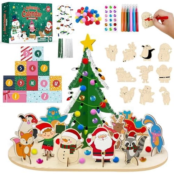 DIY Wooden AdventCalendar 2025, Playful Christmas Craft Kit for Kids to Paint & Assemble, 12 Day Holiday Village Scene with Tree, Snowman, Reindeer & Fox, Creative Activity for Boys & Girls Ages 4-12