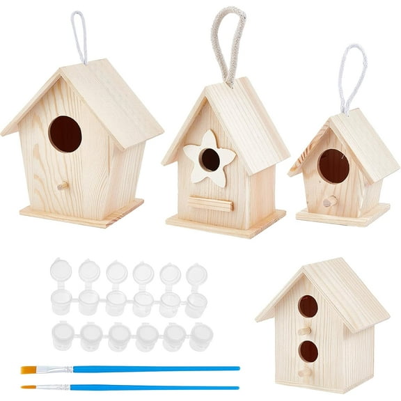 DIY Wooden Birdhouse Kit Arts Hanging Bird House Set Include 4 Pcs Unfinished Paintable Wood Birdhouse 4 Pcs Paint Brushes 2 Pcs 6-Pot Mini Empty