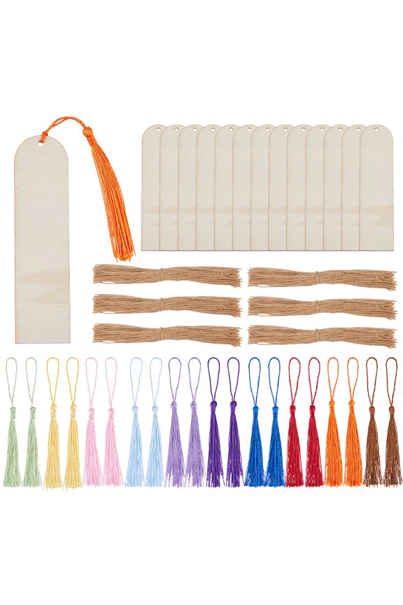 DIY Wooden Blank Arch Bookmarks Making Kit Including Jute Cord Polyester Tassel Pendant Decorations Mixed Color 120x31.5x1.5mm Hole: 3mm