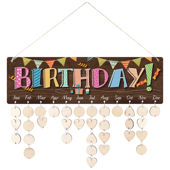 DIY Wooden Calendar Listing Board Kits Family Birthday Board Including MDF Boards Iron Open Rings and Hemp RopeBirthday Themed Pattern 40x12x0.5cm