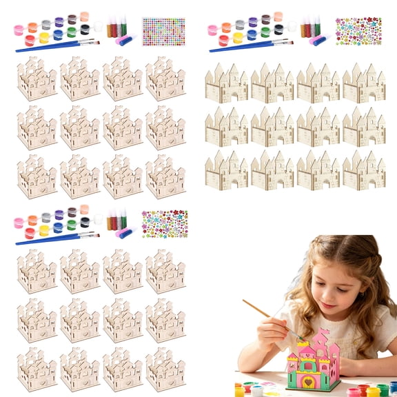 DIY Wooden Castle Craft Kit for Kids 3.93 Inch, Paintable Unfinished Castle Plaything with Rhinestone Stickers, Glitter Glue, Brushes for Birthday & Classroom