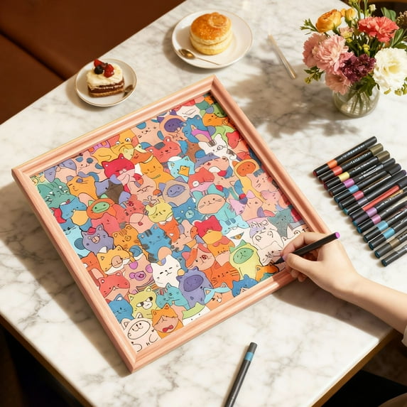 DIY Wooden Cat Puzzle Frame, Cat Shaped 3D Wood Cats Jigsaw Puzzles, Unique Animal Puzzle Decor for Home Decoration Craft Lover(24-color Markers)