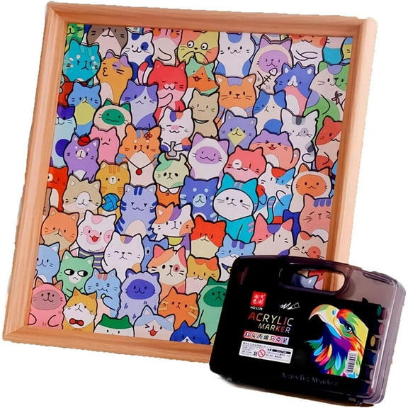 DIY Wooden Cat Puzzle Frame, Wooden Cat Coloring Puzzle Frame, Hand-Painted Wood Special-Shaped Building Block Puzzles Frames Equipped Marker Pen (36 Colors)