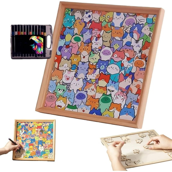 DIY Wooden Cat Puzzle Frame, Wooden Coloring Puzzle, Paintable Creative Handmade Photo Frame, Cat Puzzles Decor for Home Decoration Craft Lover(12 Colors)