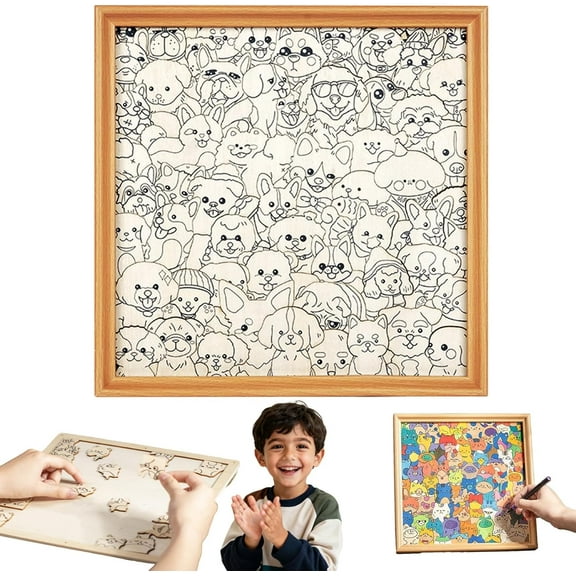DIY Wooden Cat Puzzle Frame, Wooden Coloring Puzzle, Paintable Creative Handmade Photo Frame, Cat Puzzles Decor for Home Decoration Craft Lover(Dogs - No Pen)