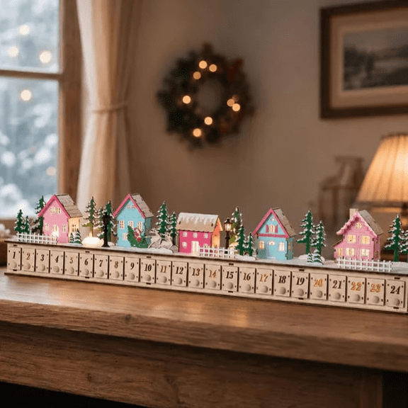 DIY Wooden Christmas Advent Calendar, 24 Day Countdown Decoration with LED Lights and Music, Xmas Holiday Desktop Decor Gift